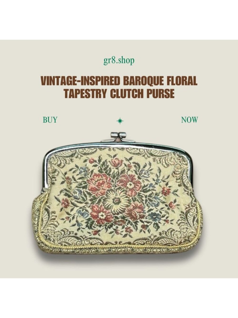 Vintage-Inspired Baroque Floral Tapestry Clutch Purse With Metal Kiss Lock Closu